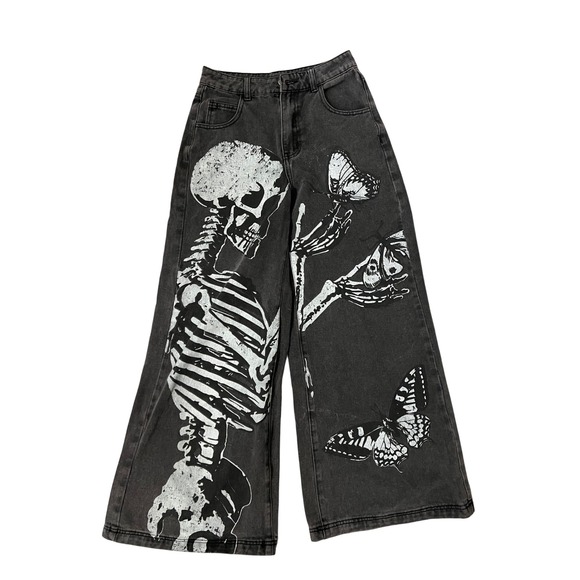Skeleton Butterfly Graphic Wide Leg Jeans Grunge Emo Gothic Style - Picture 1 of 8